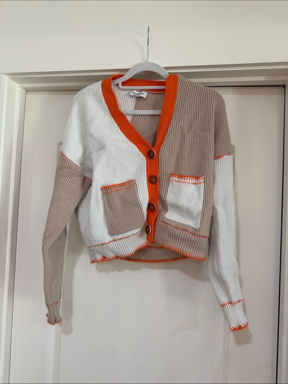 Colorblock V-Neck Button Cardigan Sweater - Cream & Tan with Orange Trim